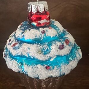 Festive Mercury Glass Cupcake Ornament with Red and Blue Accents